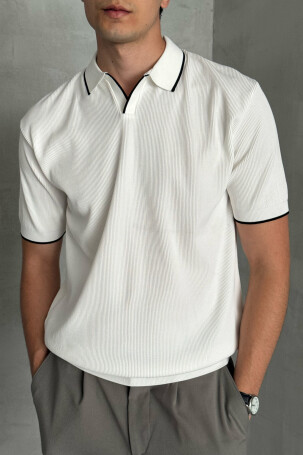 Erkek Oversize Polo Yaka Triko T-Shirt Beyaz 